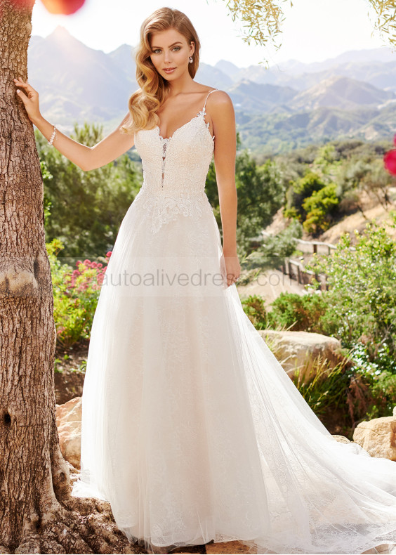 Beaded Spaghetti Straps Ivory Lace Tulle Wedding Dress